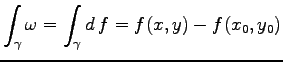 $\displaystyle \int_{\gamma} \omega = \int_\gamma d\,f
=f(x, y)-f(x_0, y_0)$